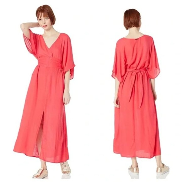 Billabong Forever Fine Dress Women S Coral Midi Slit Belt Beach Coastal Resort - Picture 1 of 16